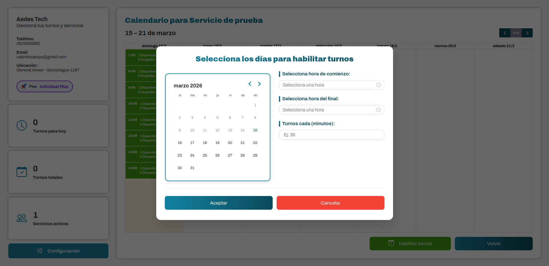 Bookify - Panel agregar turnos